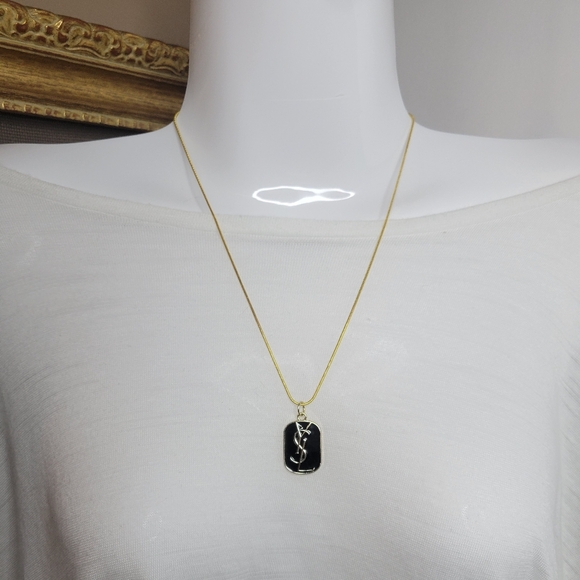 YSL Gold/Black Enamel Zip Pull/Pendant, Gold Plated 18"chain Necklace - Picture 2 of 5